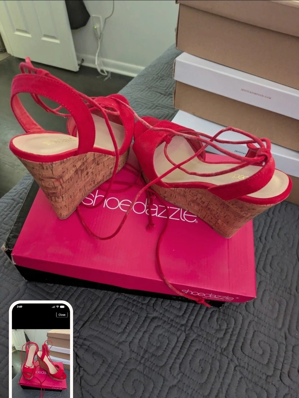 Shoe Dazzle Red Lace-Up Cork Wedge Sandals